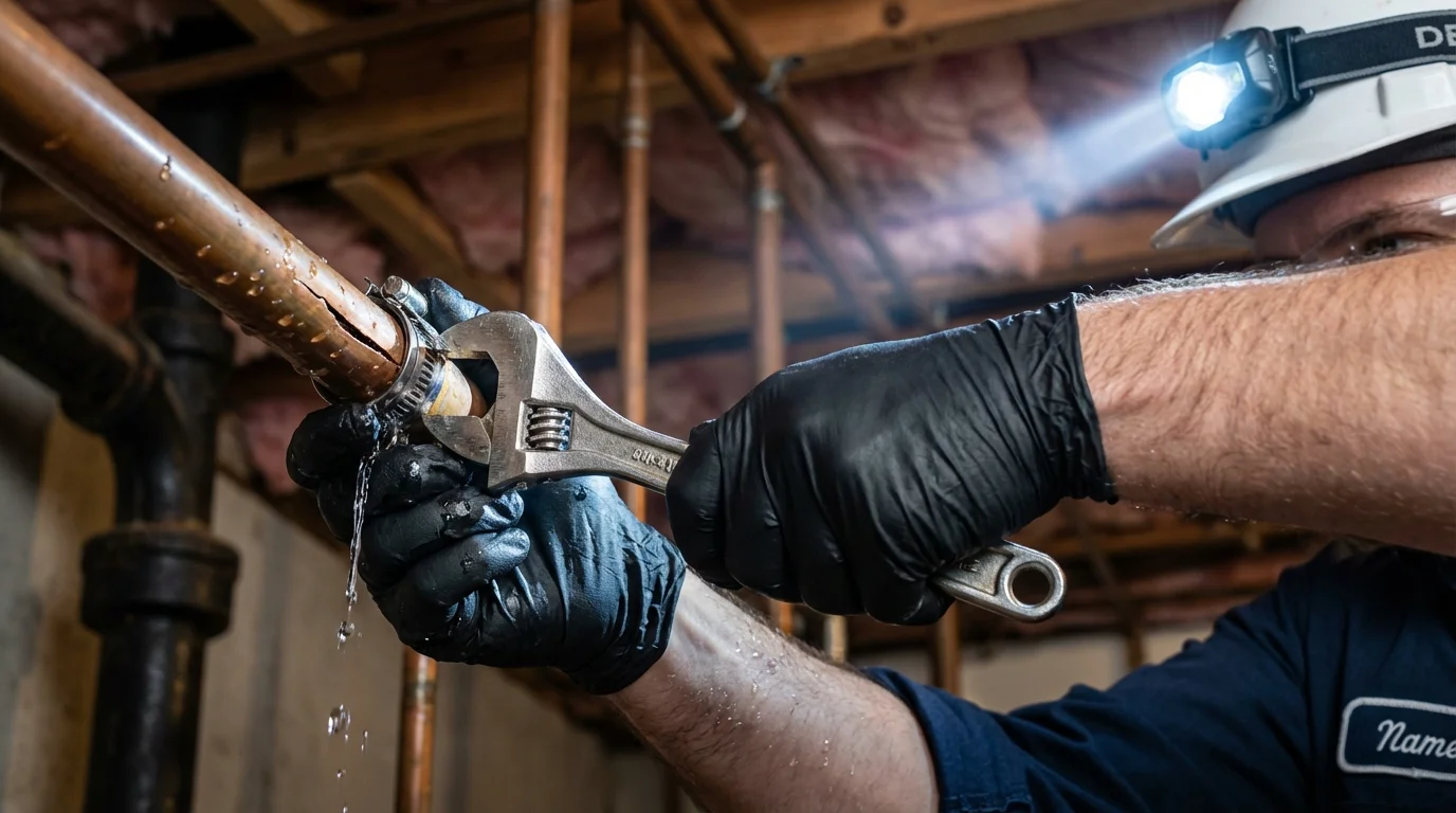 Emergency pipe clamp repair being performed by a Johns Plumbing LLC plumber in Malta