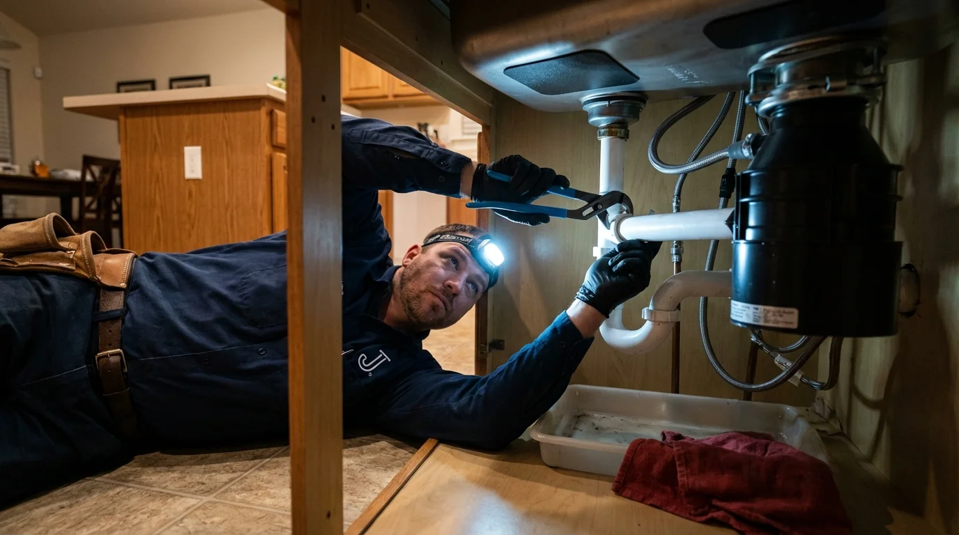 P-trap and supply line connections under a kitchen sink showing a common leak point in Malta, IL